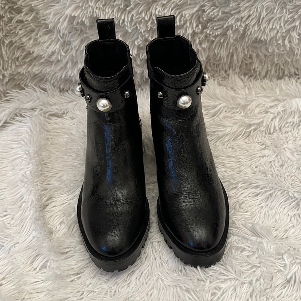 Black patent leather Karl Lagerfeld Paris Ankle Boot in excellent condition.